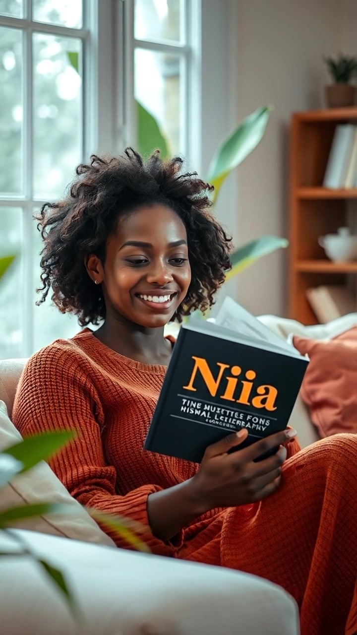 A woman named Nia in a cozy, warmly lit living room, reading a book with a gentle smile, soft shadows cast by warm lamps, high-detail textures of cushions and blankets, smooth camera movement capturing her calm demeanor, overcast natural light filtering through a window. The audio features soft background music and crackling fireplace sounds.