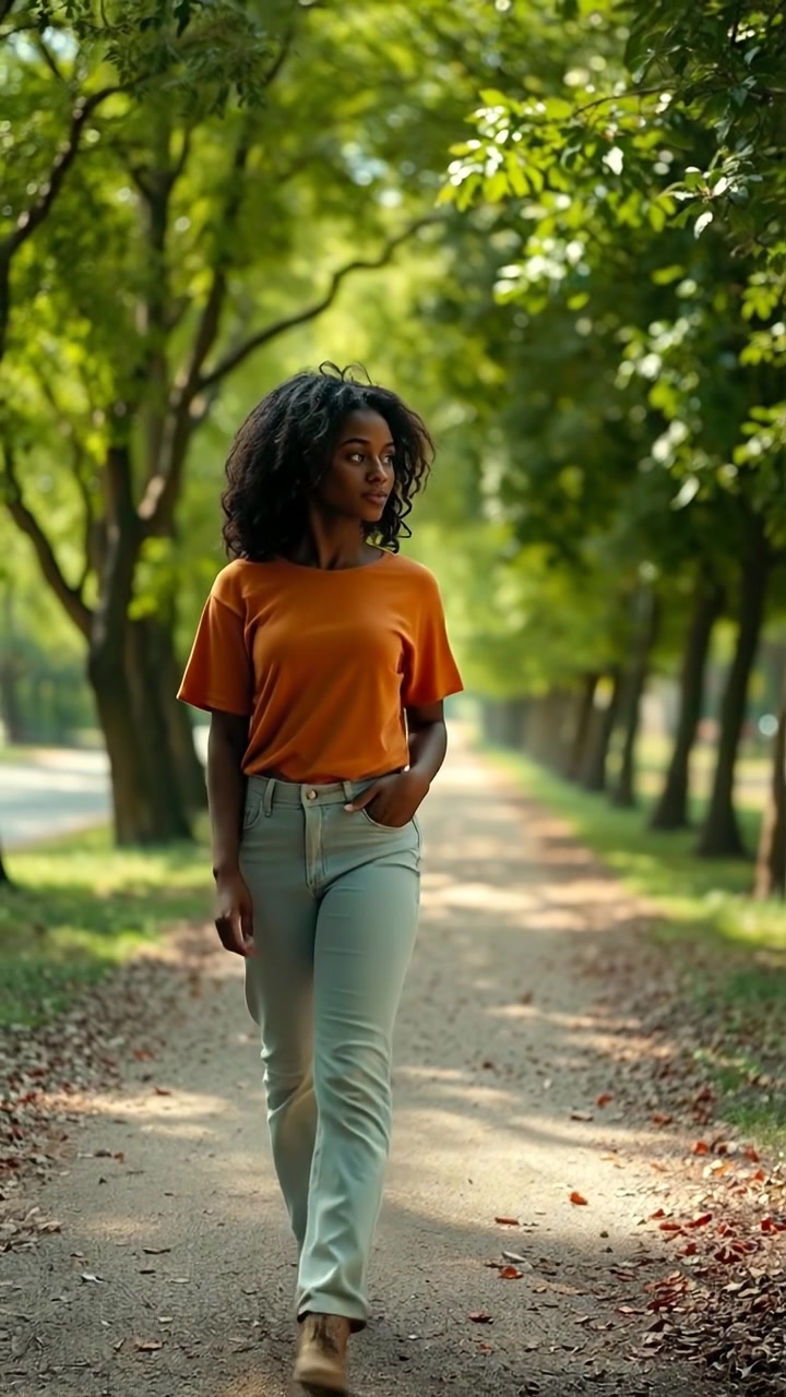 Nia walking along a tree-lined path, her expression contemplative yet confident. The scene features soft natural lighting, high detail, with a slow camera glide capturing the serene environment. The background sounds include gentle rustling leaves and distant birdsong, creating a peaceful atmosphere.