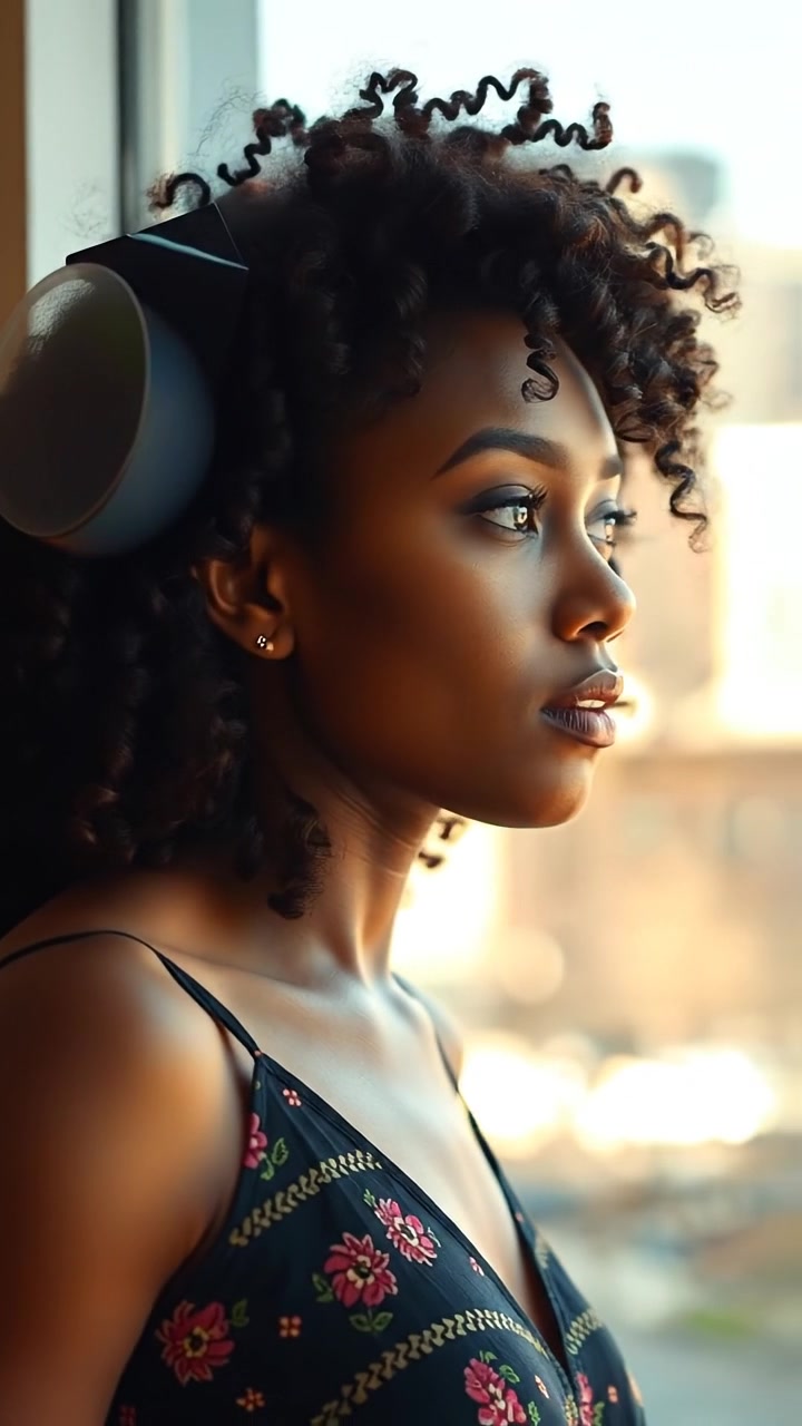 Nia by the window, taking a deep breath with a distant expression, bathed in soft natural light, high detail, smooth camera zoom out revealing a calm, airy room with gentle shadows; background ambiance of quiet city sounds.