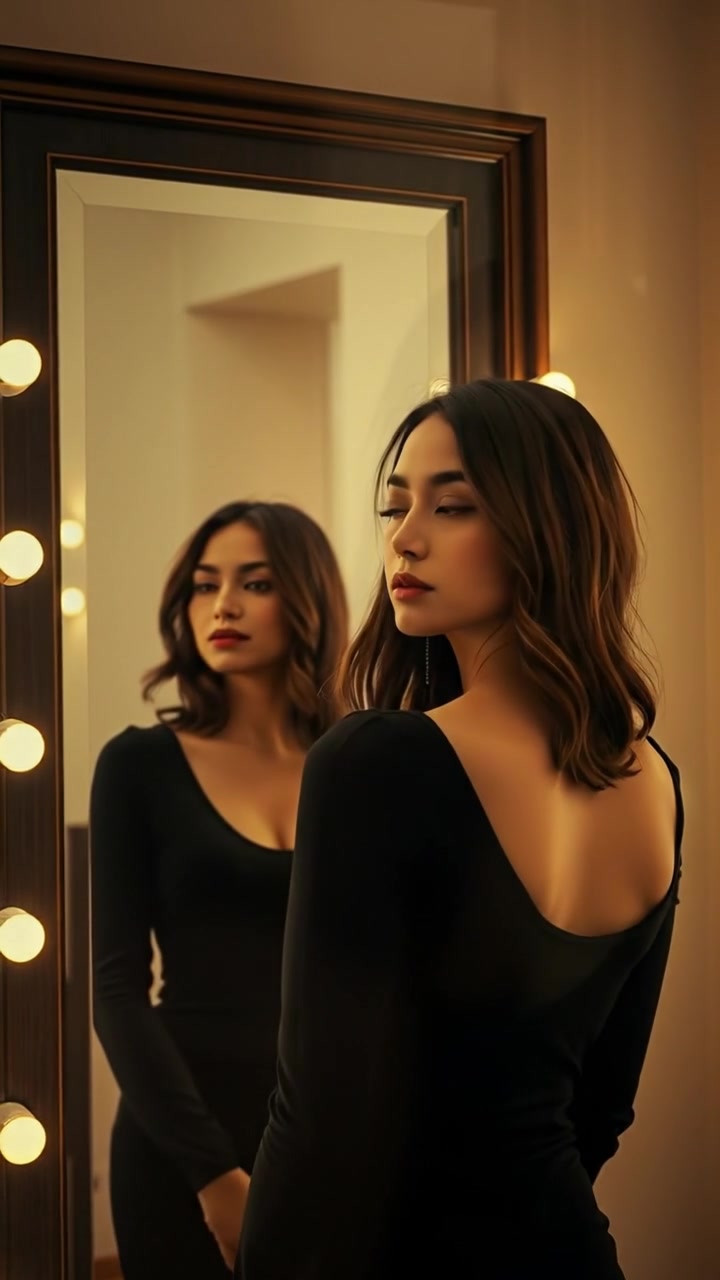 A woman standing in front of a mirror with a thoughtful expression, captured in natural lighting with high detail, slow zoom-in camera movement, soft shadows creating an introspective mood, set against a minimalist interior. The background features a softly blurred room, and the background audio features gentle ambient sounds.