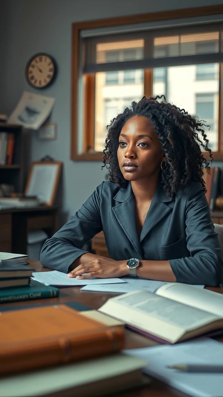 Nia sitting at a cluttered desk with books and notes, gazing pensively into the distance under warm, natural lighting. Capture a smooth dolly shot with high detail and soft shadows, emphasizing a contemplative mood. The background features a cozy study environment, with gentle ambient sounds of a quiet room.
