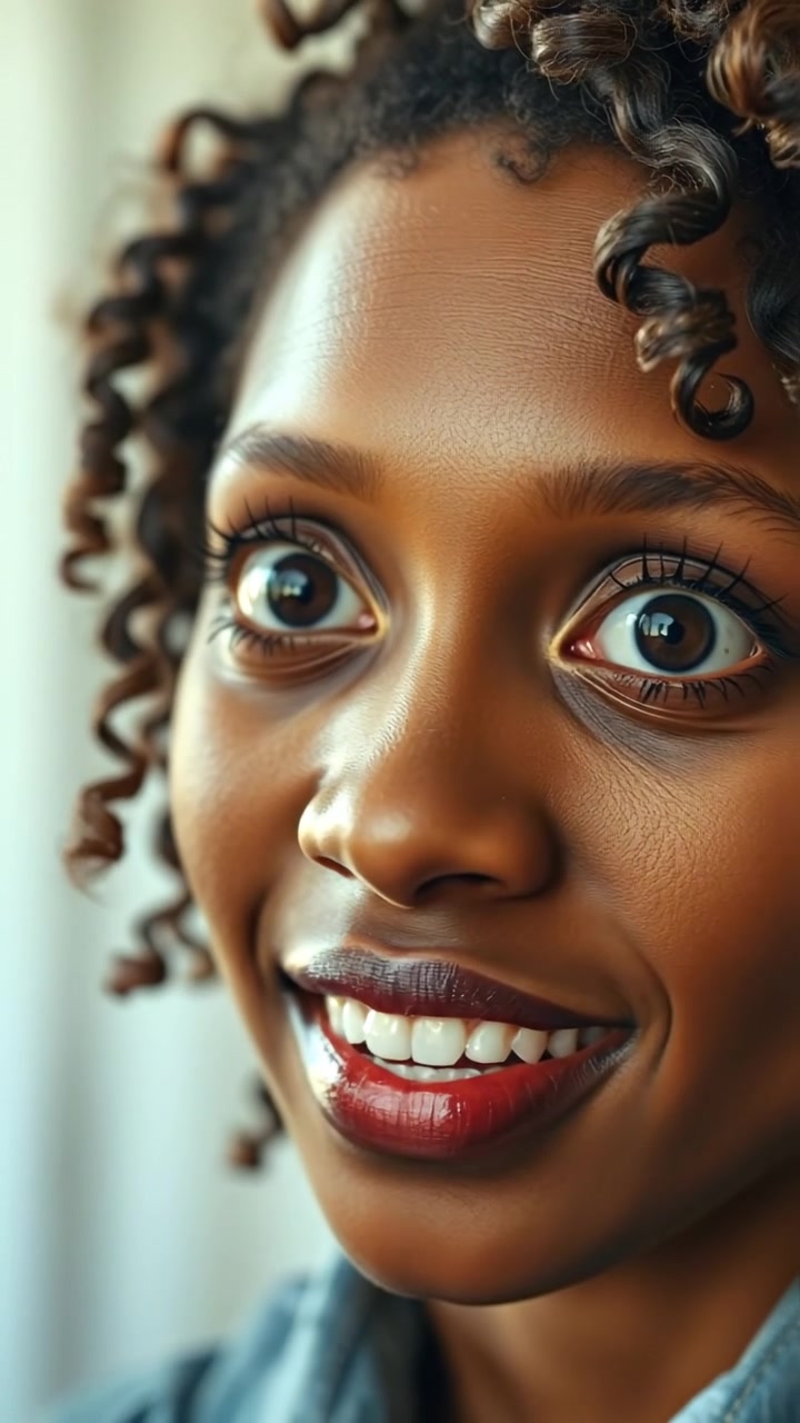 A close-up of Nia's face with wide, fascinated eyes, captured in soft, natural lighting that highlights her joyful expression. Smooth camera focus emphasizes her features, with a subtle background blur. The scene evokes wonder and delight, accompanied by gentle, uplifting background music.