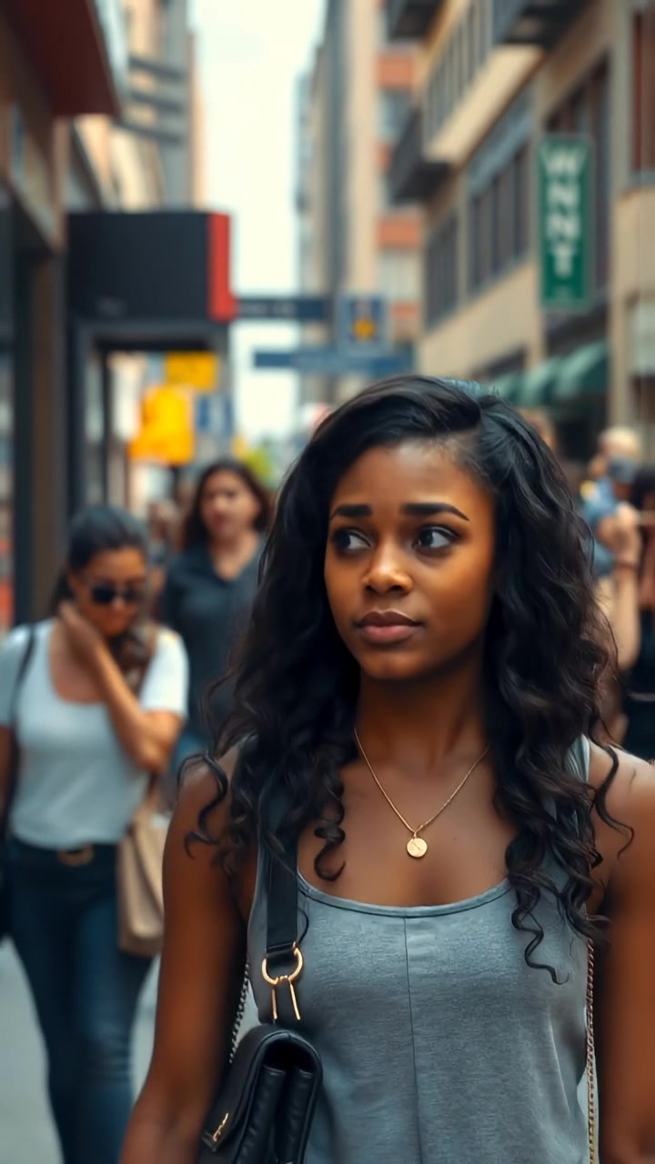 A woman named Nia walking down a bustling city street at midday, surrounded by blurred crowds of pedestrians who do not notice her. The scene features vibrant urban details, natural sunlight, smooth camera tracking, and a lively atmosphere. The background features city street sounds and distant chatter.
