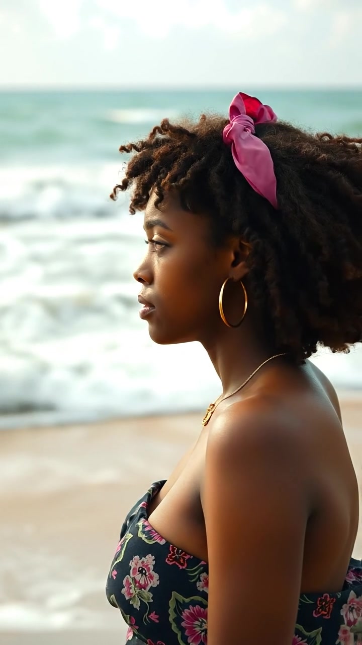 A solitary woman, Nia, stands on a vast beach gazing at crashing ocean waves. The scene features natural lighting with warm tones, gentle camera movement capturing her contemplative stance, and soft shadows playing across the sand. The background sounds of ocean waves enhance the serene atmosphere.