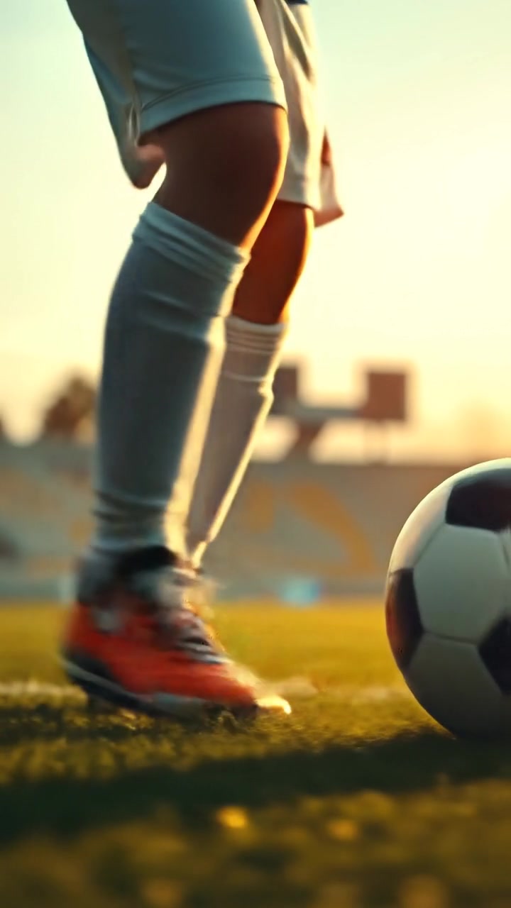 Close-up of Mateo's feet skillfully dribbling a soccer ball on a lush green field under natural sunlight, capturing smooth camera motion with high detail and soft shadows, emphasizing focused movement and dynamic energy; the background features a softly blurred stadium with gentle ambient sounds of a lively crowd and natural outdoor sounds.