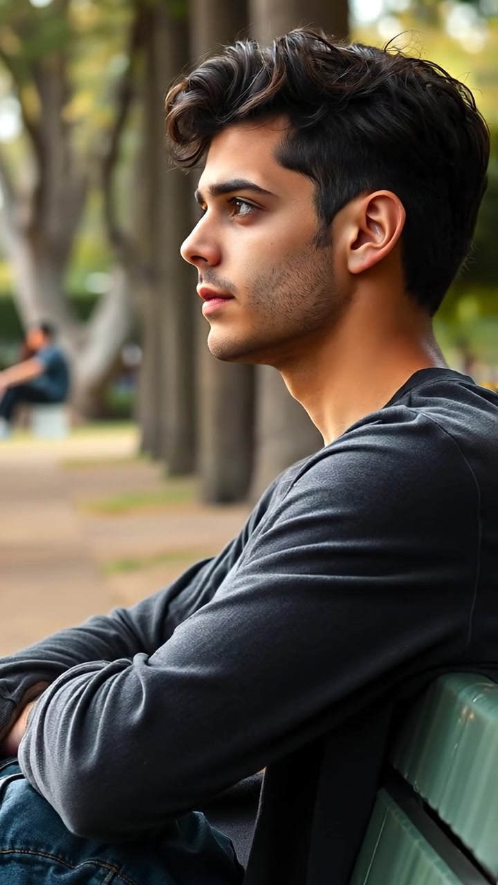 A young man named Mateo sits alone on a park bench under soft natural light, gazing thoughtfully into the distance with lush greenery and distant trees in the background, captured with a smooth dolly shot for intimate detail. The background features a tranquil park ambiance with gentle birdsong.
