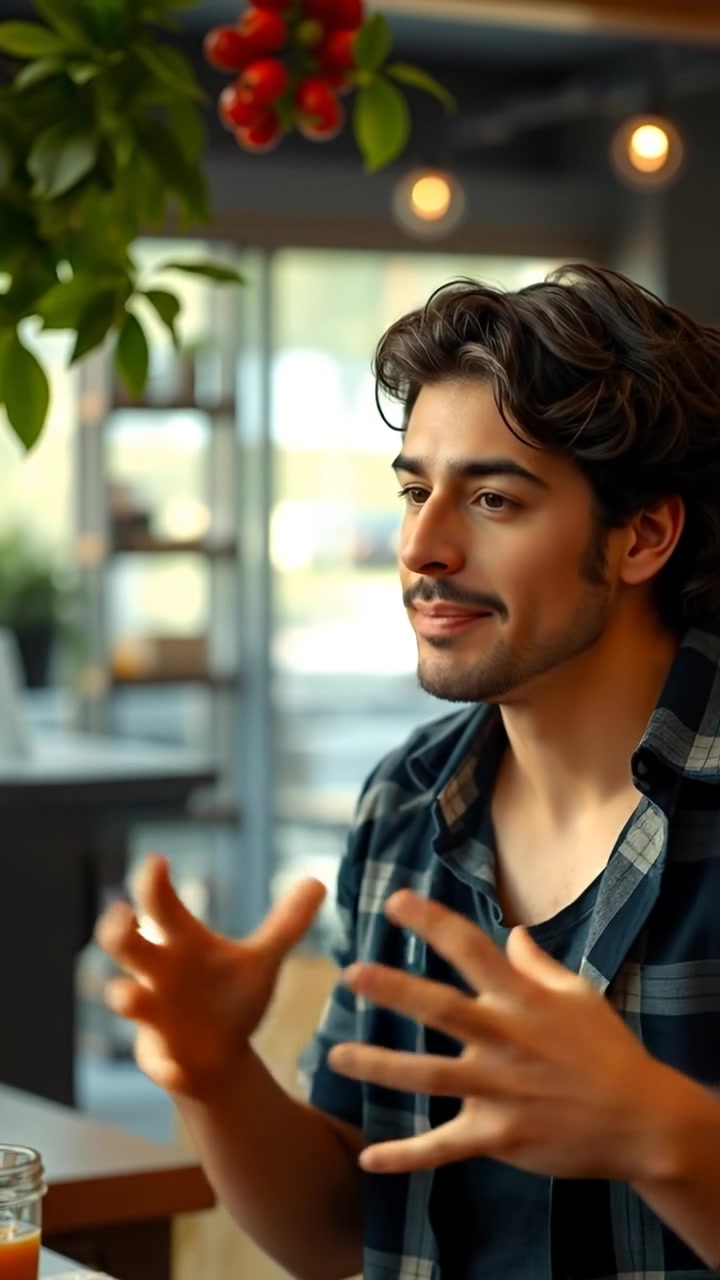 A lively man named Mateo animatedly gesturing as he passionately shares his thoughts about juice, captured in natural lighting with high detail and smooth camera movement. The background is vibrant and inviting, emphasizing his enthusiasm, with soft shadows adding depth. The audio features subtle ambient sounds of a cheerful café.
