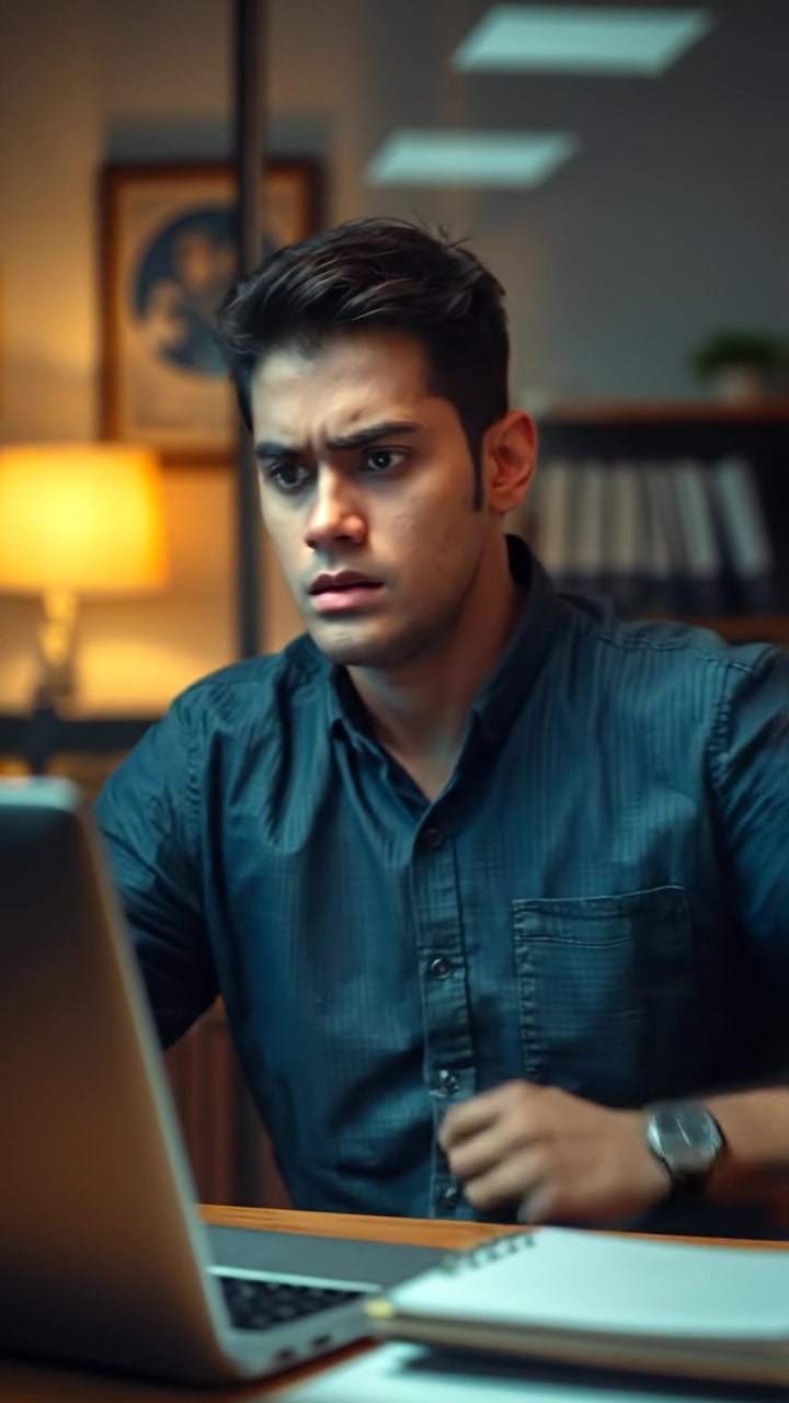 A frustrated young man sitting at a cluttered desk, staring at his laptop with disappointment, under soft natural light, high detail, smooth camera panning focusing on his expressive face. The background features a cozy, slightly messy room. The audio features subtle background city noises.