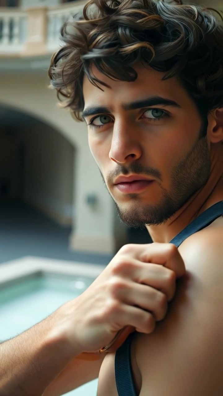Close-up of Mateo gripping his sling tightly, with a focused and determined expression. Soft natural lighting highlights facial details, with a blurred background for depth. The scene features smooth camera focus shifts, capturing intensity and resolve. The background audio features subtle ambient sounds of wind and distant nature.