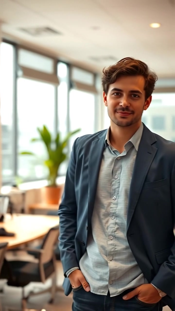 Mateo confidently standing with arms relaxed at his sides in a bright, modern office illuminated by natural light, with high detail and a soft focus. Cinematic camera slowly zooms out to reveal the lively workspace. The background features desks and large windows, with the sound of gentle office ambiance.