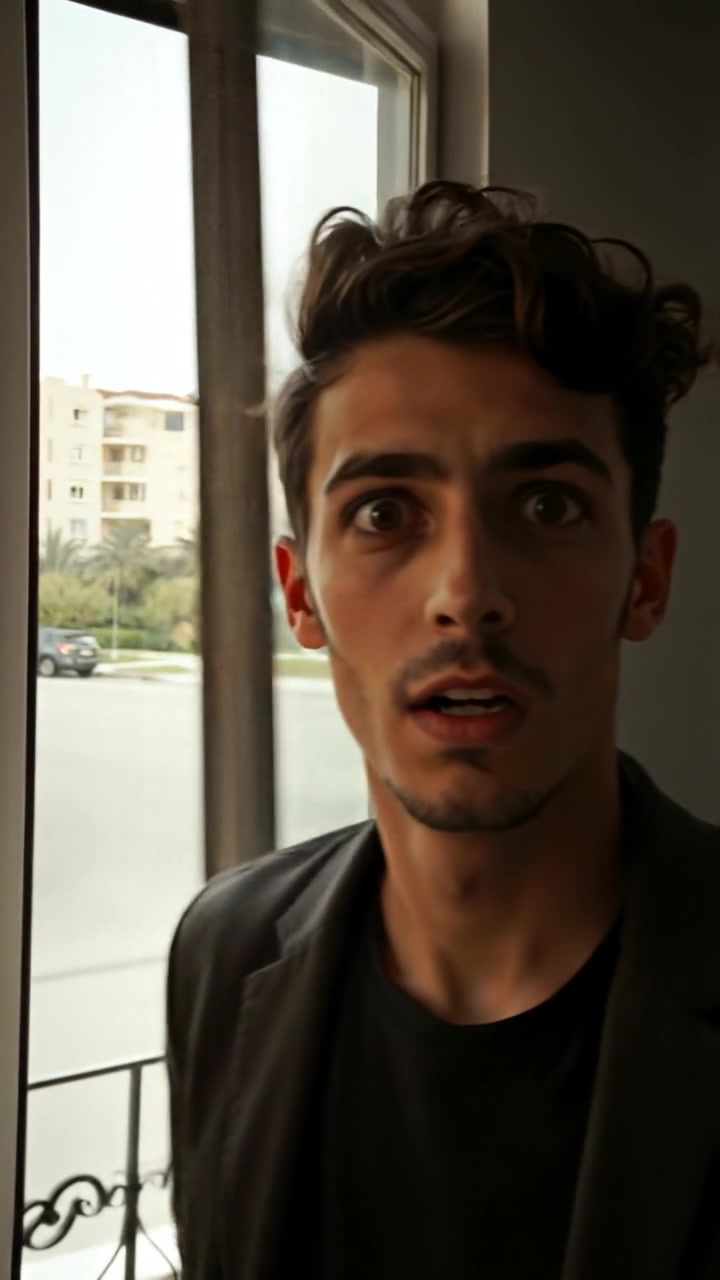 A close-up of Mateo startled in the foreground as a window suddenly slams shut behind him. The scene is lit with natural light, highlighting intense emotions, with smooth camera motion capturing the quick motion, set against a neutral interior background. The audio features the sharp sound of the window closing.