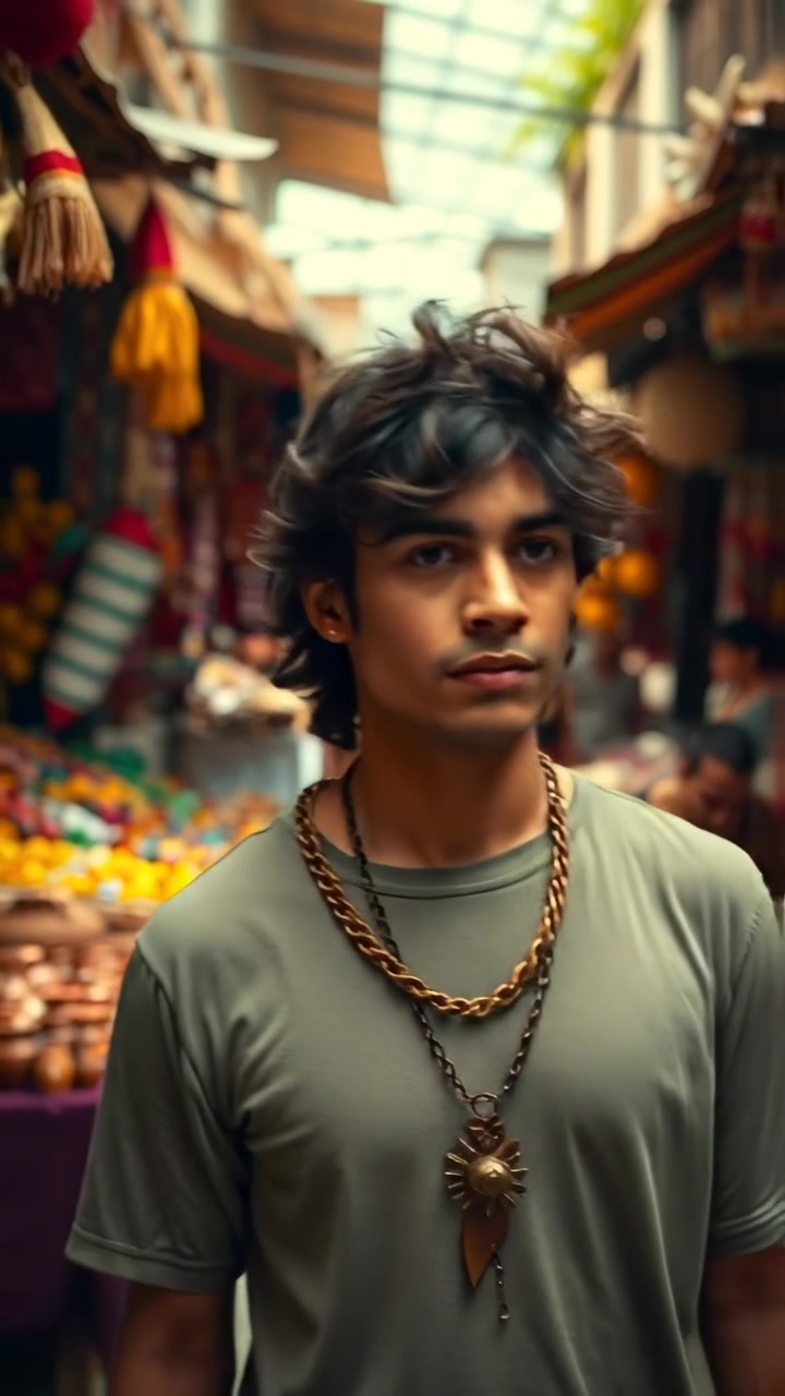 Mateo walking through a vibrant ancient Mayan marketplace filled with colorful stalls and goods, illuminated by natural sunlight, with high detail and a smooth camera dolly shot capturing the lively atmosphere and intricate crafts, set against a lush jungle backdrop. The audio features ambient marketplace sounds and distant bird calls.
