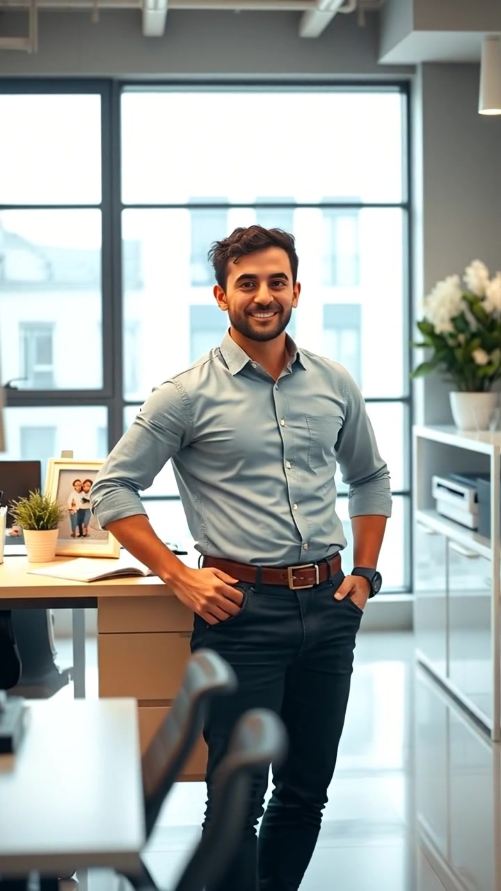 A bright office space with Mateo standing proudly next to a modern desk featuring a family photo, bathed in natural lighting with high detail. Soft shadows create a warm atmosphere. Smooth camera dolly shot emphasizes Mateo's confident stance, background music featuring gentle, uplifting tunes.