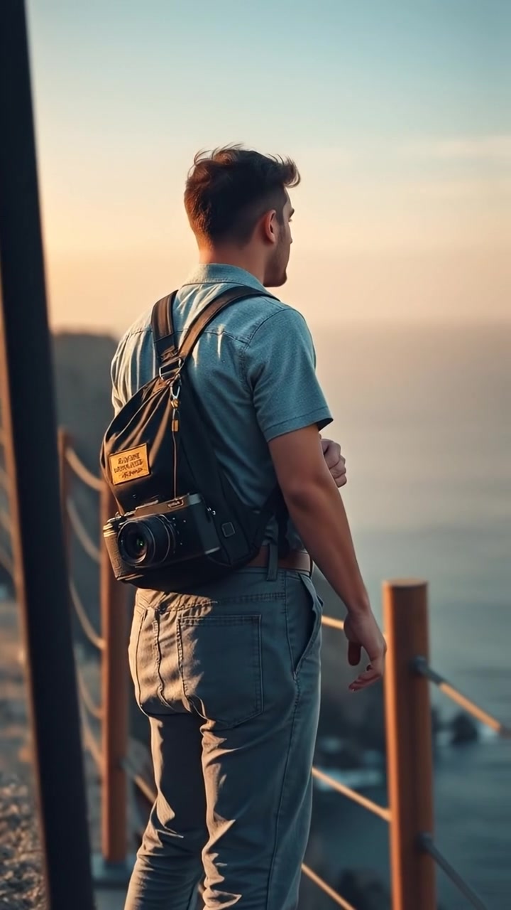 A young man with a camera slung over his shoulder stands at the edge of a rugged cliff, gazing out at a vast, expansive horizon. Natural lighting highlights the scene with soft shadows, and the camera performs a gentle dolly shot to emphasize the breathtaking landscape. The background features a serene, overcast sky.