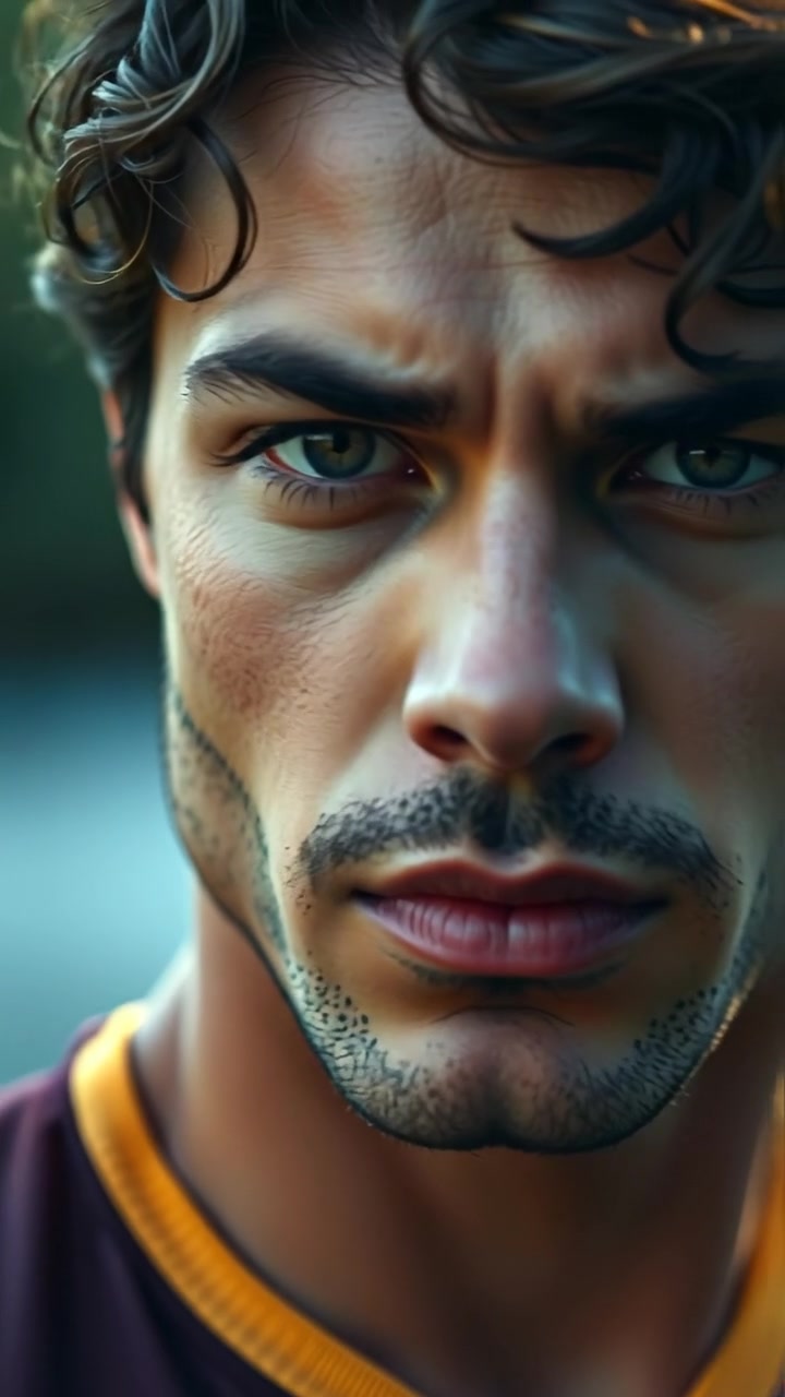 Close-up of Mateo's intense face with focused expression, detailed skin textures, natural lighting highlighting facial features, smooth camera zoom-in, cinematic warmth and clarity, background subtly blurred, emphasizing emotion. The audio features a subtle heartbeat sound increasing in tempo.