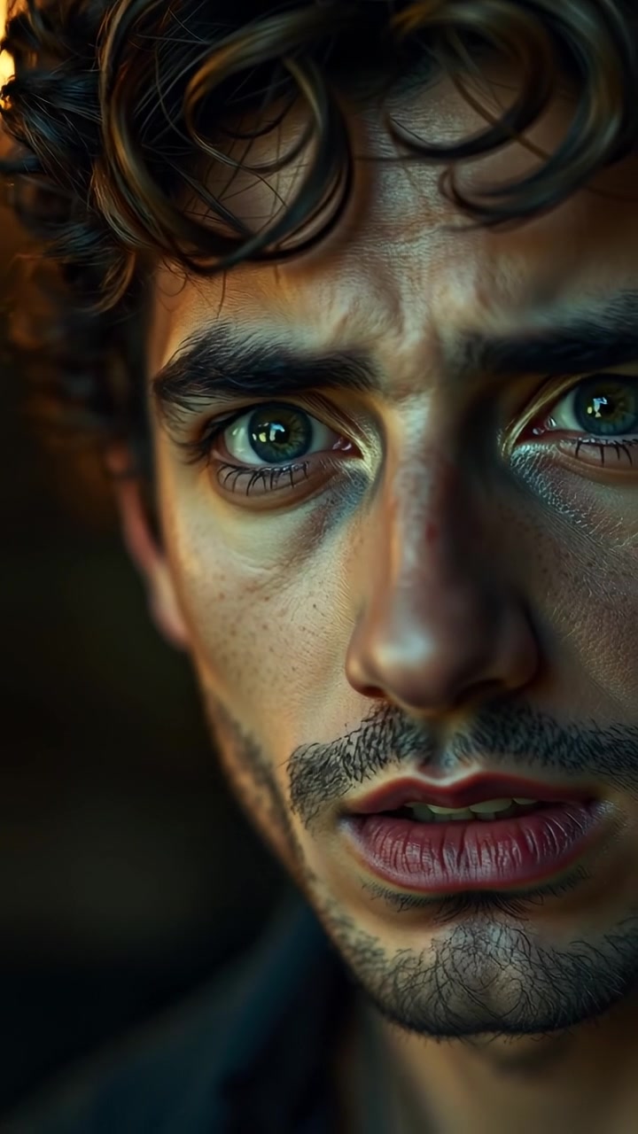 Close-up of Mateo's face with a worried expression, capturing intense emotion and subtle facial details, set against a softly lit background with warm tones and gentle shadows, cinematic focus, smooth camera zoom-in, conveying a sense of tension and anticipation. The audio features a subtle suspenseful ambient soundtrack.