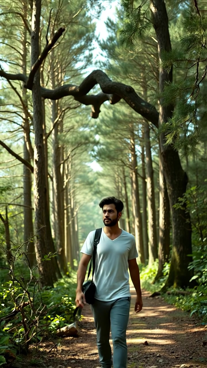 A young man named Mateo walking along a lush forest path beneath towering trees that create a canopy overhead, captured with natural lighting, high detail, smooth camera movement, evoking a sense of adventure and exploration, with soft shadows and warm tones. The background features gentle bird sounds.