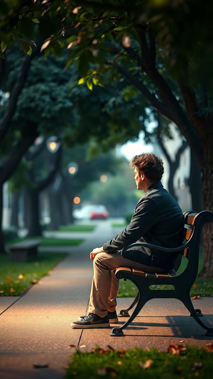 A distant shot of Mateo sitting alone on a park bench, gazing pensively into the distance amidst lush greenery, with soft natural lighting and gentle camera movement capturing the tranquil scene. The background features rustling leaves and a peaceful park atmosphere. The audio features gentle outdoor ambient sounds.
