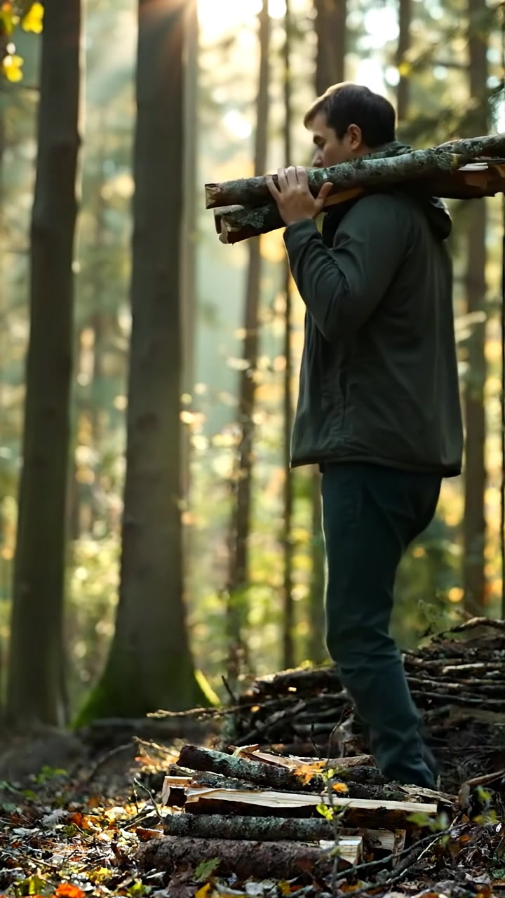 Mateo gathering wood in a dense forest with tall trees and sunlight filtering through the leaves. Rich, natural lighting with soft shadows, high detail on textures, smooth slow camera movement capturing the serene environment, background sounds of rustling leaves and distant bird calls.