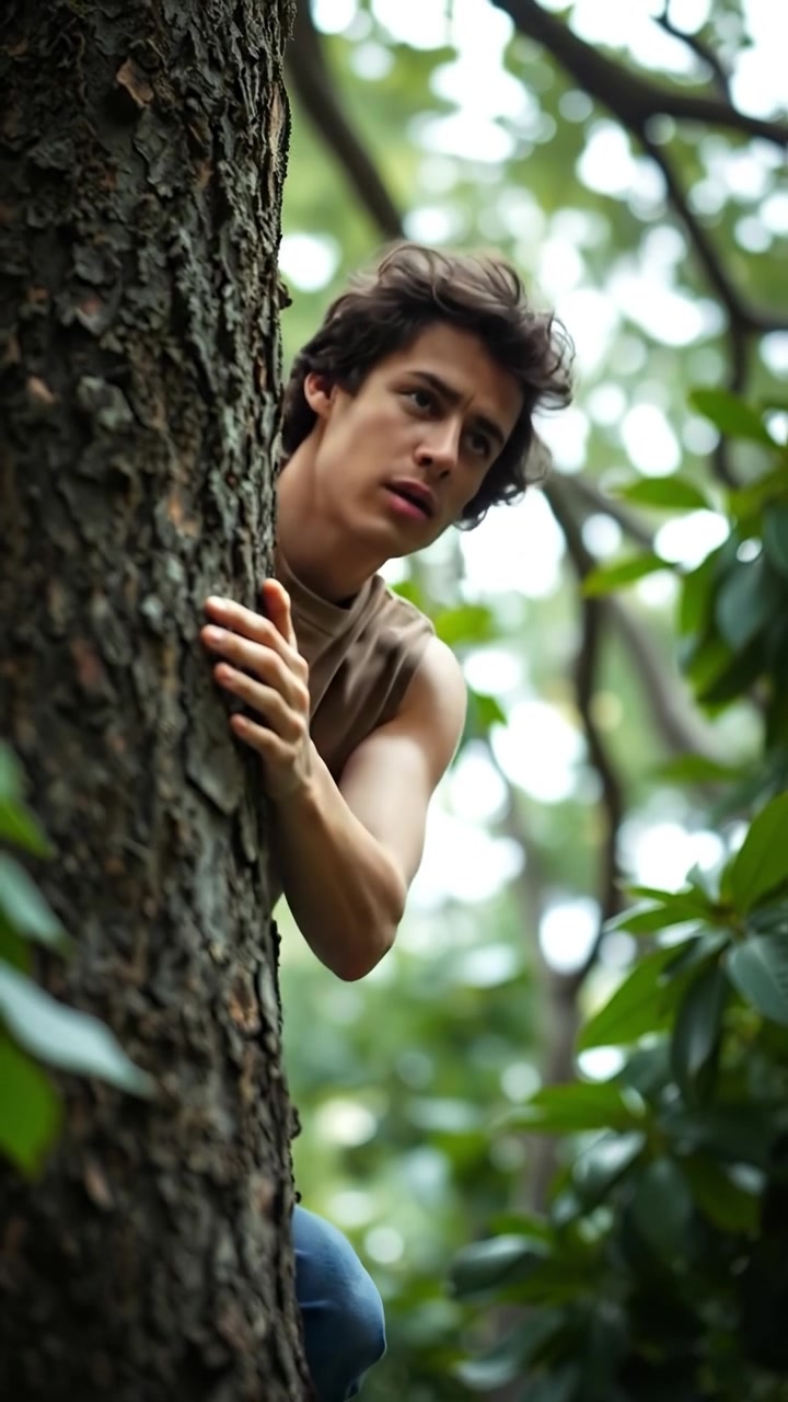 A young man named Mateo ascending a towering tree, cautiously peering downward, bathed in warm natural light. The scene features high detail with soft shadows and smooth camera movement, capturing an aerial view that emphasizes his cautious expression. The background features a serene forest ambiance with bird sounds.