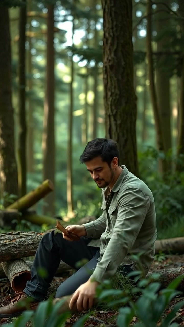 Mateo gathering wood in a lush, dense forest with towering trees and vibrant underbrush, captured in natural light with high detail and smooth camera movement, evoking a serene and immersive atmosphere. The background features the sounds of rustling leaves and distant bird calls.
