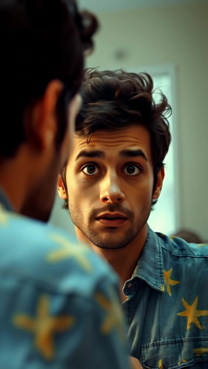 A young man named Mateo examines himself in a full-length mirror, his expression shifting from curiosity to surprise, captured with soft natural lighting, high detail, gentle camera movements, and warm tones that enhance the intimate moment; the background features a cozy, softly lit bedroom. The audio features subtle ambient sounds.
