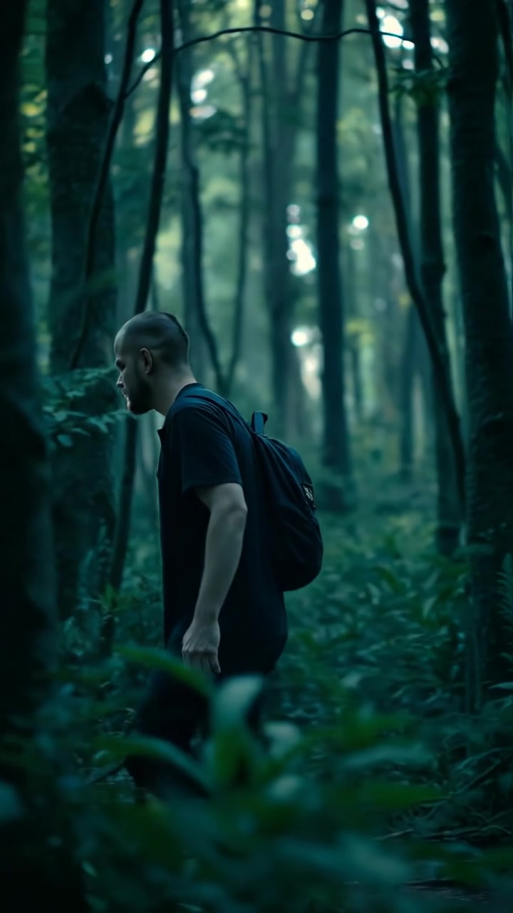 A person walking purposefully into a dense, lush forest, with tall trees and filtered sunlight, captured with smooth camera movement and high detail. The scene conveys determination, with a natural, warm tone ambiance. The background audio features rustling leaves and distant bird calls.