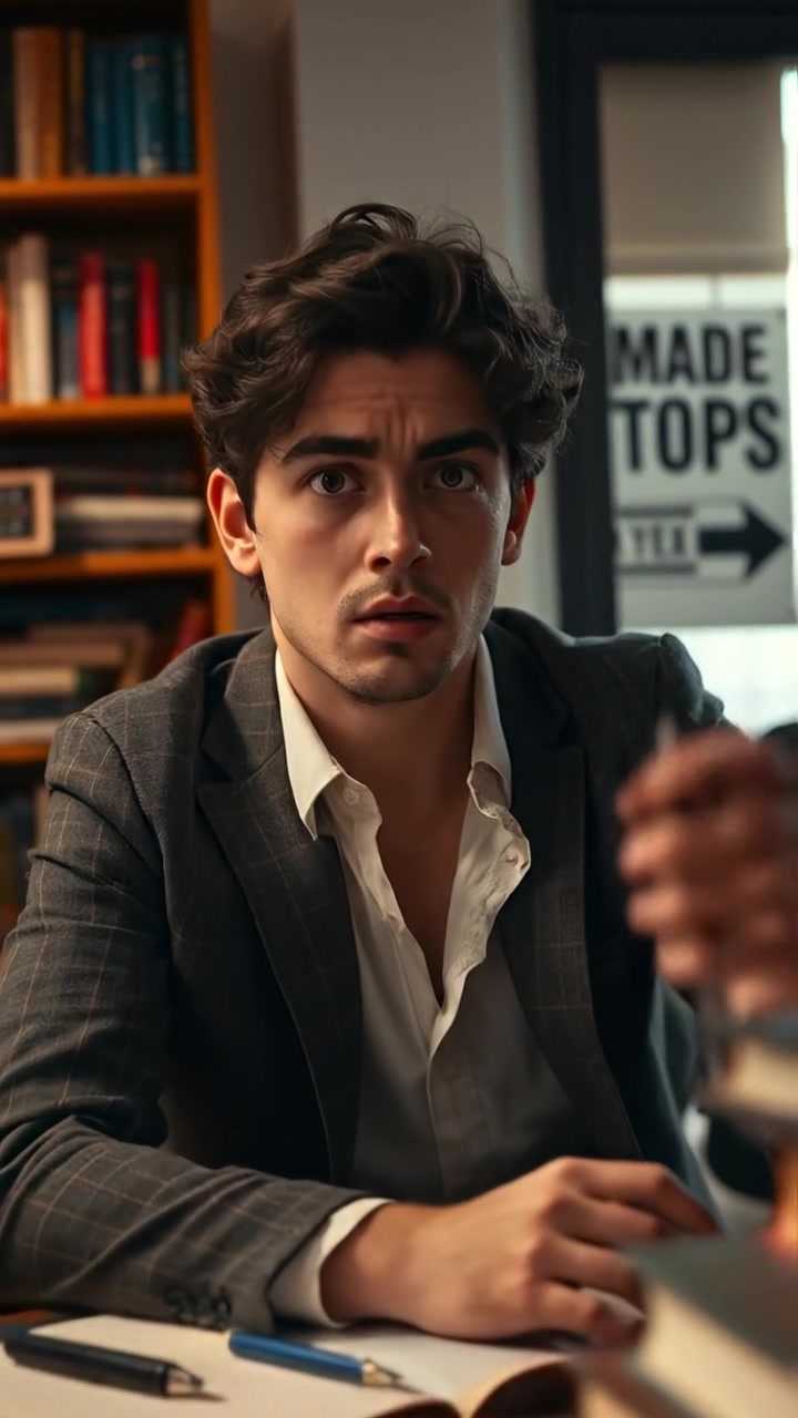 Mateo sitting at a cluttered desk covered with books, displaying a puzzled and overwhelmed expression, captured in warm, natural lighting with soft shadows, gentle camera slow zoom to focus on his face, background of a cozy study room with wooden shelves, ambient quiet with subtle keyboard tapping sounds.