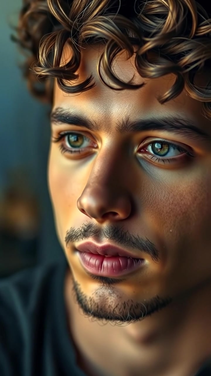 A close-up shot of Mateo's face showing a thoughtful expression, with soft natural lighting highlighting his features, conveying aspiration to become a content creator. Smooth camera focus with a slight zoom-in, background with blurred digital devices. The audio features gentle ambient sounds of a creative workspace.