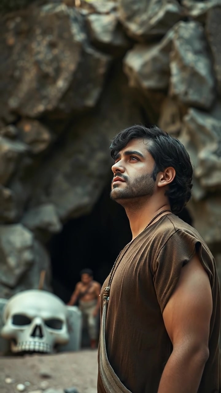 Mateo standing in front of a mysterious cave, gazing with hope and determination. The scene is bathed in soft natural lighting, with high detail textures on Mateo's face and clothing, capturing a cinematic, smooth camera tilt-up. The background features rugged terrain and lush greenery. The audio features gentle wind sounds.