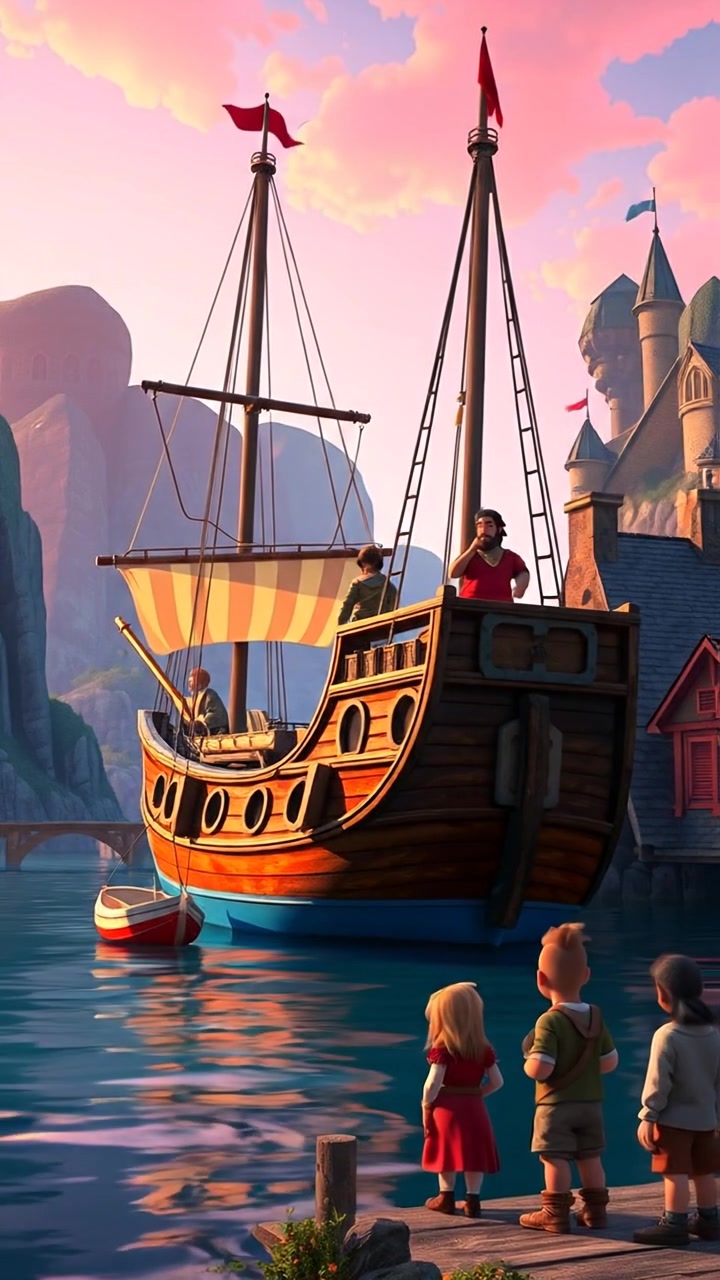A merchant ship anchored near a village with curious villagers observing, captured in natural warm lighting with high detail, the scene features gentle camera zoom-in, soft shadows, and a peaceful atmosphere. The background audio features gentle waves and distant village sounds.