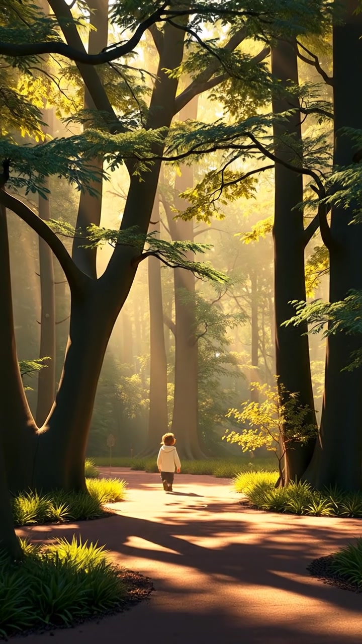 A serene forest scene with sunlight filtering through lush, detailed trees, captured with smooth camera movements and warm tones. The atmosphere is tranquil and inviting, with soft shadows dancing on the forest floor. The background features gentle rustling leaves and distant bird calls.
