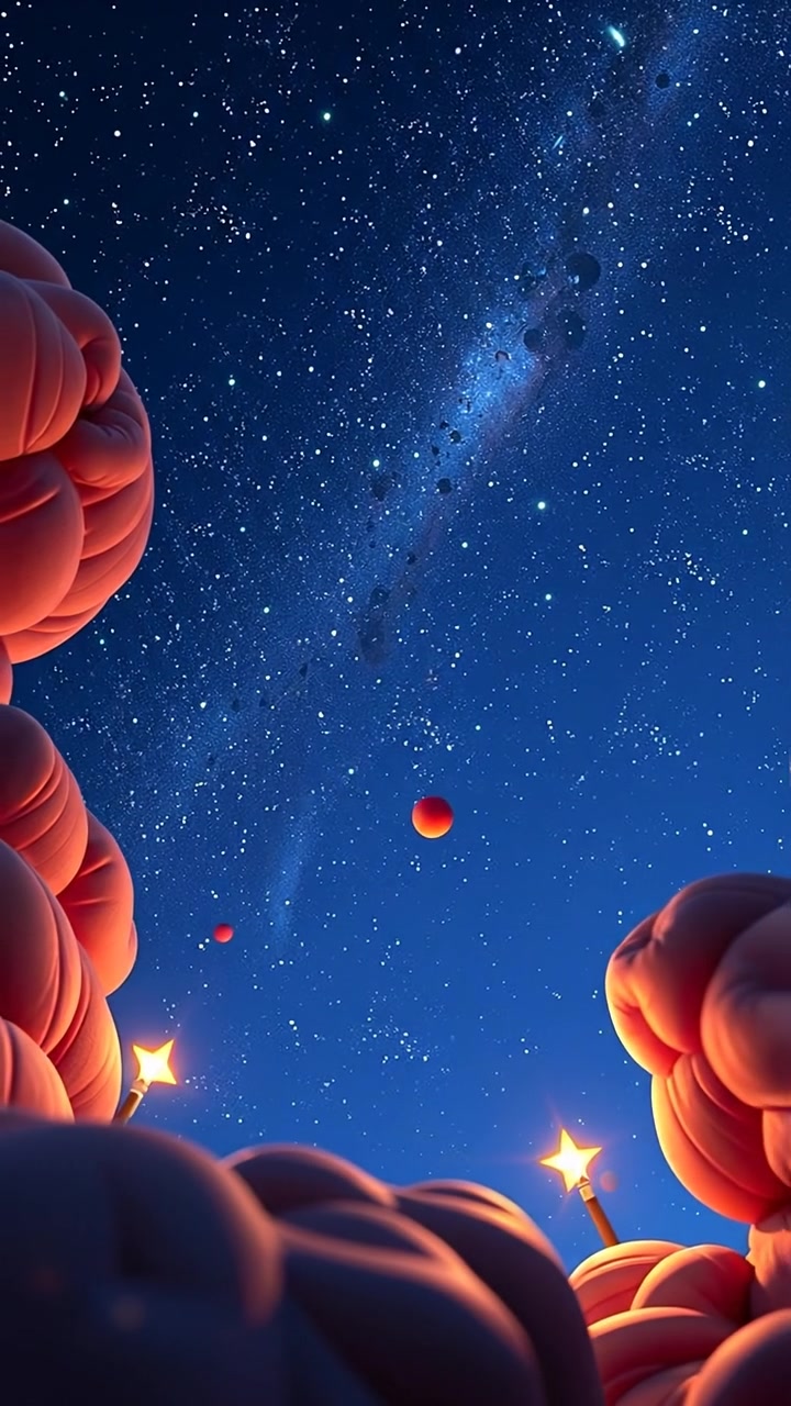 A stunning 3D animation of a night sky illuminated with bright stars and a faint, majestic Milky Way stretching across the horizon. Soft, natural lighting with smooth camera motion captures the vast celestial panorama against a dark, tranquil background. The audio features gentle ambient sounds of space and distant cosmic echoes.