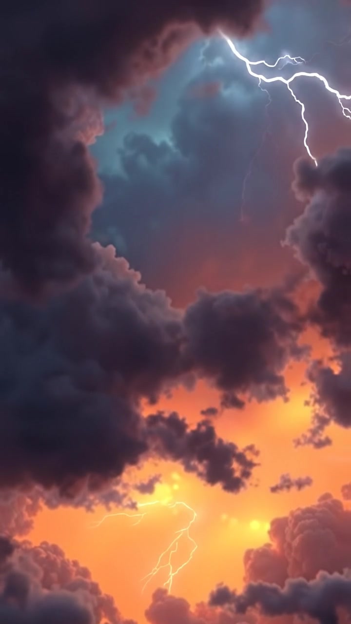 A 3D animation of a stormy sky with dark, tumultuous clouds and the first flashes of lightning illuminating the scene. Cinematic camera with smooth movement captures swirling cloud formations and streaks of lightning under an overcast sky, with warm tones and soft shadows. The audio features distant thunder in the background.