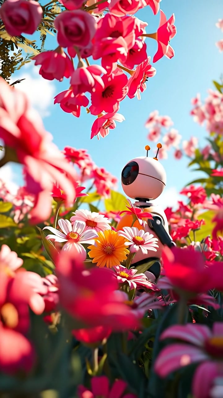A vibrant 3D animated scene of a scenic garden bursting with colorful flowers under a bright blue sky, captured with smooth camera motion and natural, warm lighting, emphasizing high detail and lush greenery. The background features gentle breezes, complemented by the ambient sound of rustling leaves and distant birdsongs.