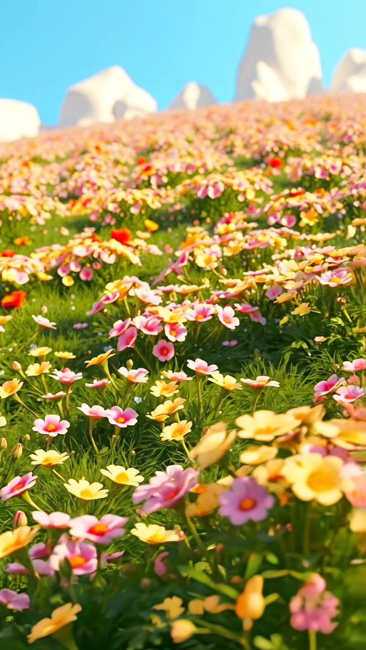 A lush, sprawling meadow in vibrant 3D animation style, bursting with colorful blooming flowers under a clear blue sky. Captivating gentle camera movements with natural lighting and soft shadows create a serene atmosphere. The background features a distant panorama of rolling hills, accompanied by the soothing sound of wind rustling through grass.