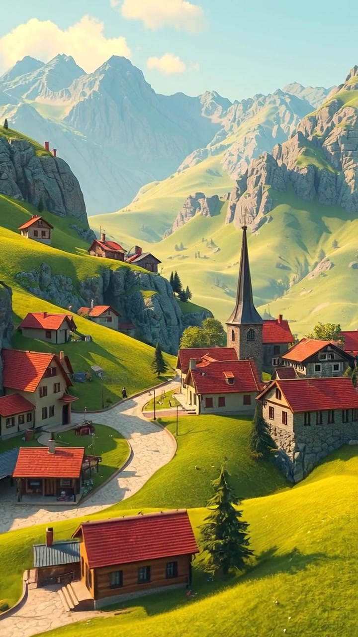 A charming mountain village with traditional houses and lush green fields, rendered in vibrant 3D animation with natural lighting, high detail, smooth camera movement capturing panoramic views, and warm tones highlighting the cozy atmosphere. The background features gentle ambient sounds of nature and birdsong.