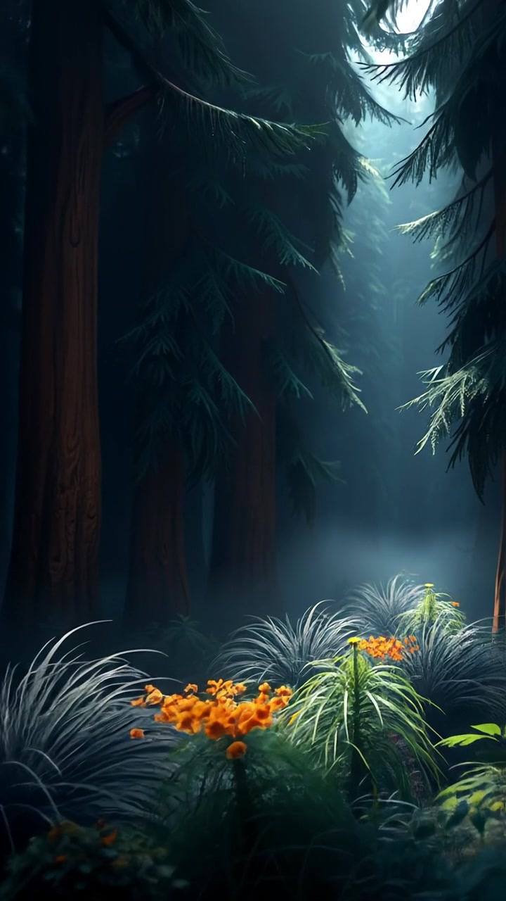 A 3D animation of a dense forest with deep shadows and an eerie silence, featuring natural lighting with soft shadows, high detail, and smooth camera movement exploring the mysterious woods. The background audio includes subtle wind and distant animal sounds for an atmospheric effect.