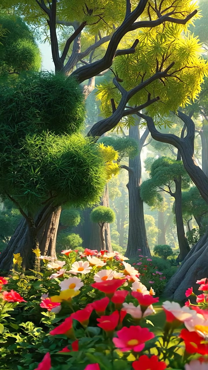 A lush, vibrant 3D animated forest, sunlight filtering through dense green treetops, colorful flowers blooming everywhere, with smooth camera movement capturing the depth and richness of the scene. Natural lighting and high detail create a lively, immersive atmosphere. The audio features gentle forest sounds and bird calls.