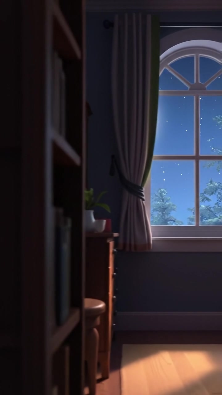 A dimly lit 3D animation scene of a quiet room at night, softly illuminated by moonlight streaming through a window, with smooth camera movement emphasizing the tranquil atmosphere. The background features subtle shadows and muted tones, creating a peaceful, mysterious ambiance. The audio features gentle night sounds.
