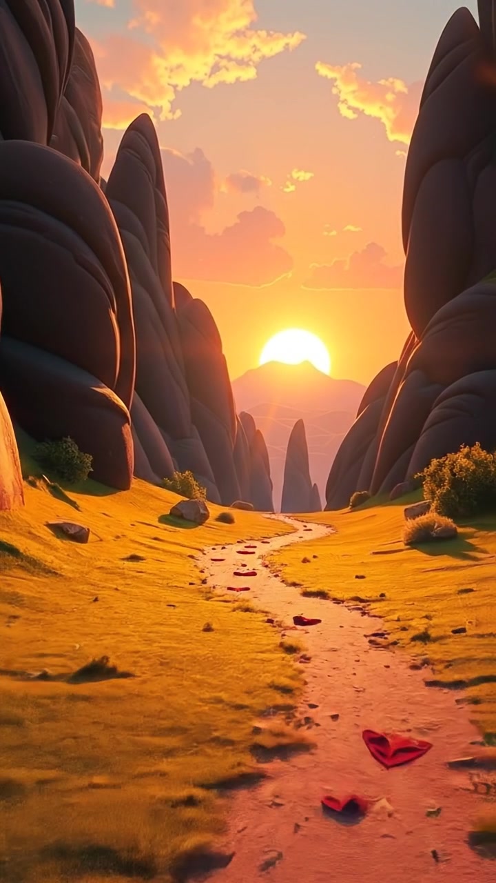 A serene 3D animated landscape at sunrise, with a glowing horizon and warm tones, featuring a winding path symbolizing new beginnings. Soft shadows and gentle light enhance the peaceful atmosphere, captured in smooth camera movement. The background audio features gentle morning birdsong.