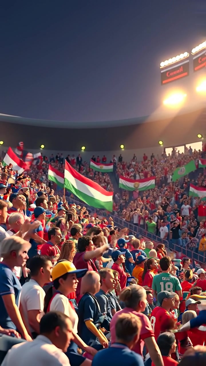 A vibrant 3D animation of a packed stadium filled with cheering fans and colorful banners waving, illuminated by bright stadium lights. The scene features smooth camera panning with vivid, high-detail visuals, creating an energetic atmosphere. The background audio features a lively crowd roar.