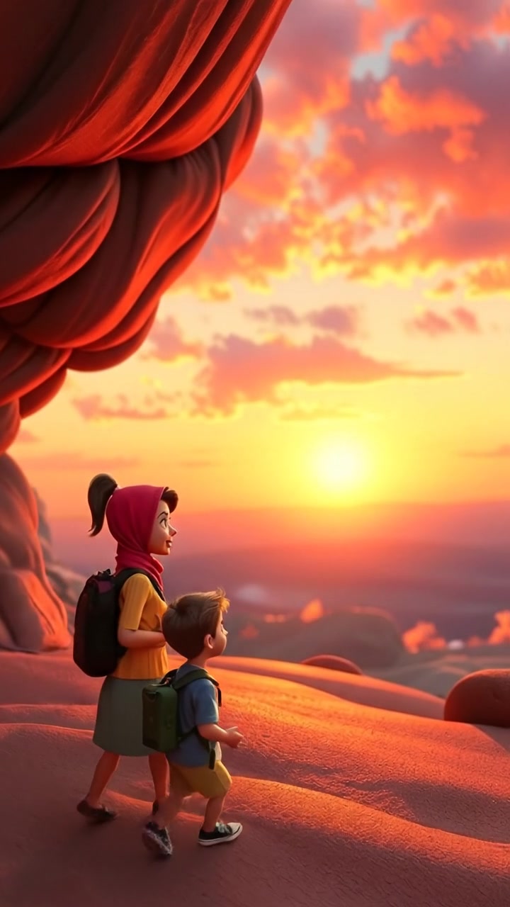 A stunning 3D animated sunset over a distant horizon, with warm glowing tones, smooth camera dolly shot capturing the serene landscape, soft shadows enhancing depth, and a gentle transition of colors across the sky. The background features a calm ocean reflecting the sunset. The audio features ocean waves in the background.