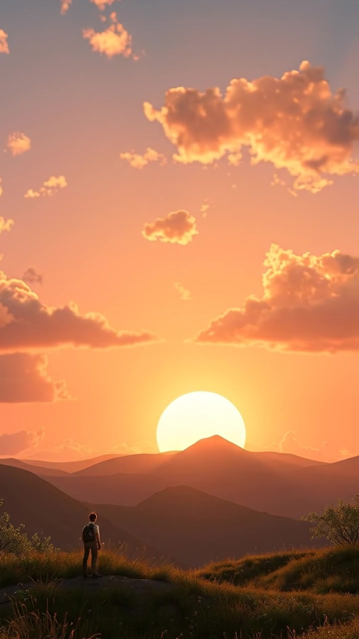 A 3D animation depicts a sunrise breaking through the clouds, casting warm, golden light over a tranquil landscape. The scene features soft shadows and gradual light transition with smooth camera movement, creating a serene atmosphere. The background audio features gentle morning sounds and birdcalls.