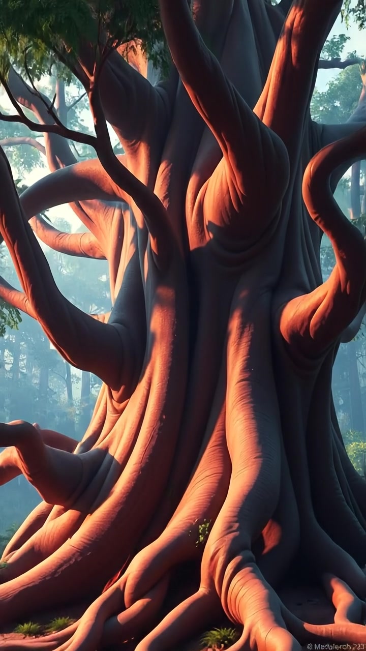 A majestic ancient tree with thick, gnarled branches and twisting roots in a dense, lush forest rendered in 3D animation. The scene features soft, natural lighting with smooth camera movements revealing the grandeur of the tree against a vibrant green backdrop. The audio features gentle forest sounds and bird calls.