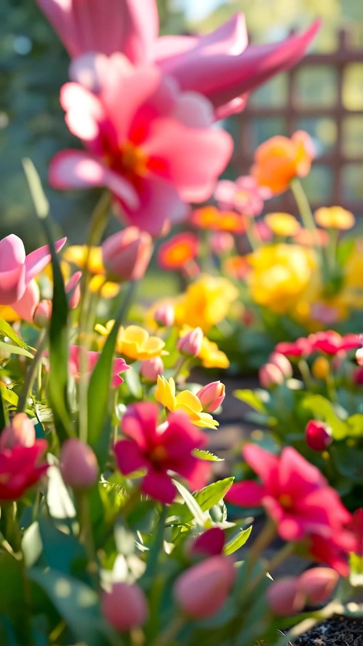 A vibrant 3D animated garden filled with blooming flowers, lush greenery, and vivid colors, captured with smooth camera movements and natural lighting that highlights the richness of the scene. Soft shadows enhance the joyful atmosphere. The background audio features gentle chirping of birds and ambient nature sounds.