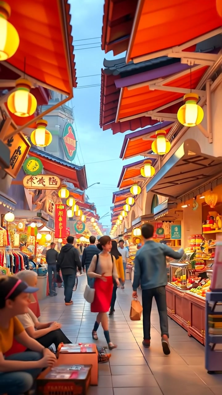 A bustling traditional market scene depicted in 3D animation, vibrant stalls overflowing with colorful goods and a lively crowd, with warm, natural daylight illuminating the scene, camera smoothly pans across the lively surroundings, evoking a vibrant, energetic atmosphere. The audio features lively market chatter and street music.