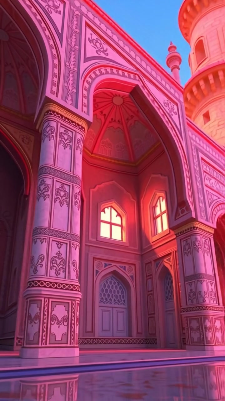 Close-up of the Taj Mahal's intricate carvings and inlaid marble work, rendered in photorealistic 3D animation with natural lighting and high detail. The camera smoothly pans over the ornate surfaces, highlighting the craftsmanship, with a soft background glow. The audio features gentle ambient sounds of a peaceful garden.
