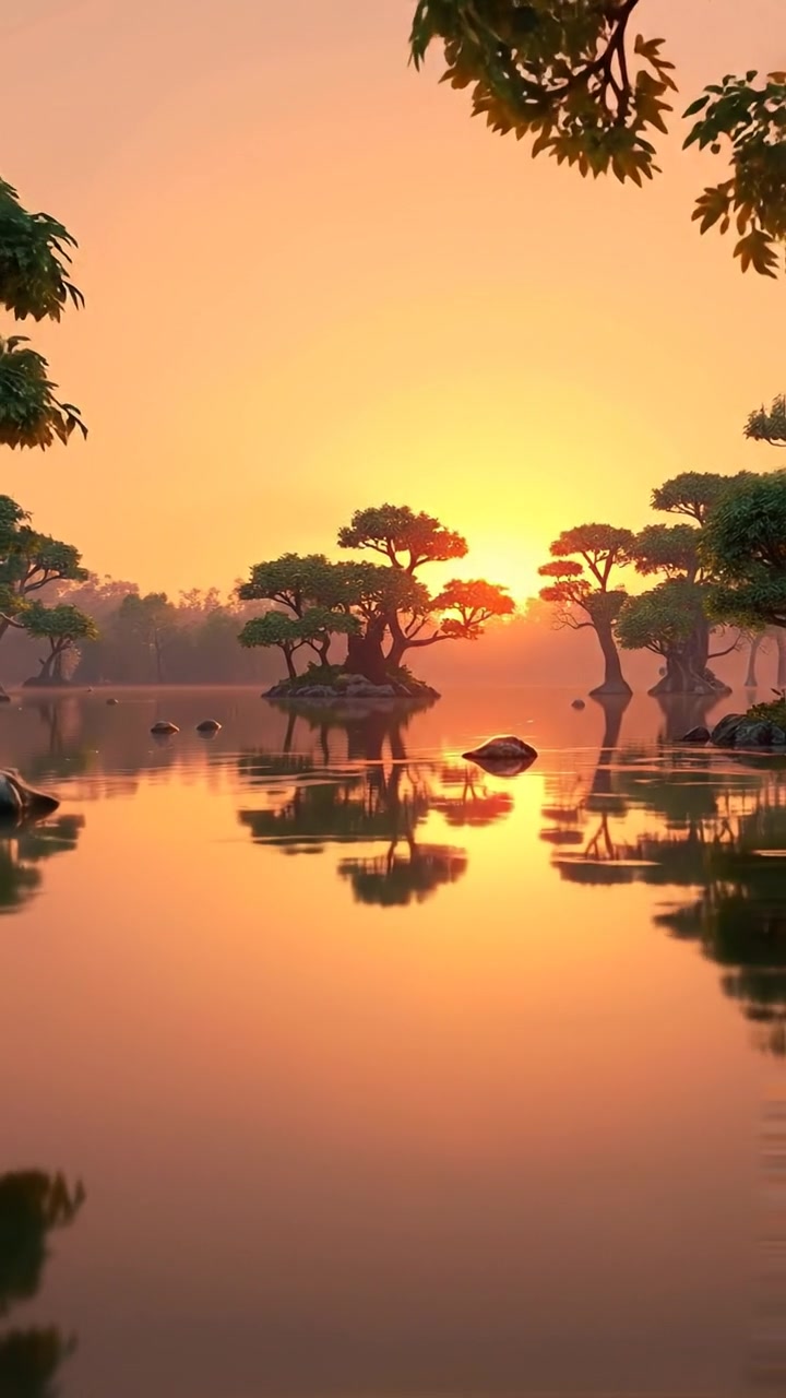 A serene 3D animated landscape at sunrise featuring a calm lake surrounded by lush trees, their reflections shimmering on the water's surface. The scene is bathed in warm, golden light with soft shadows, smooth camera movement capturing the peaceful environment. The audio features gentle lake sounds in the background.