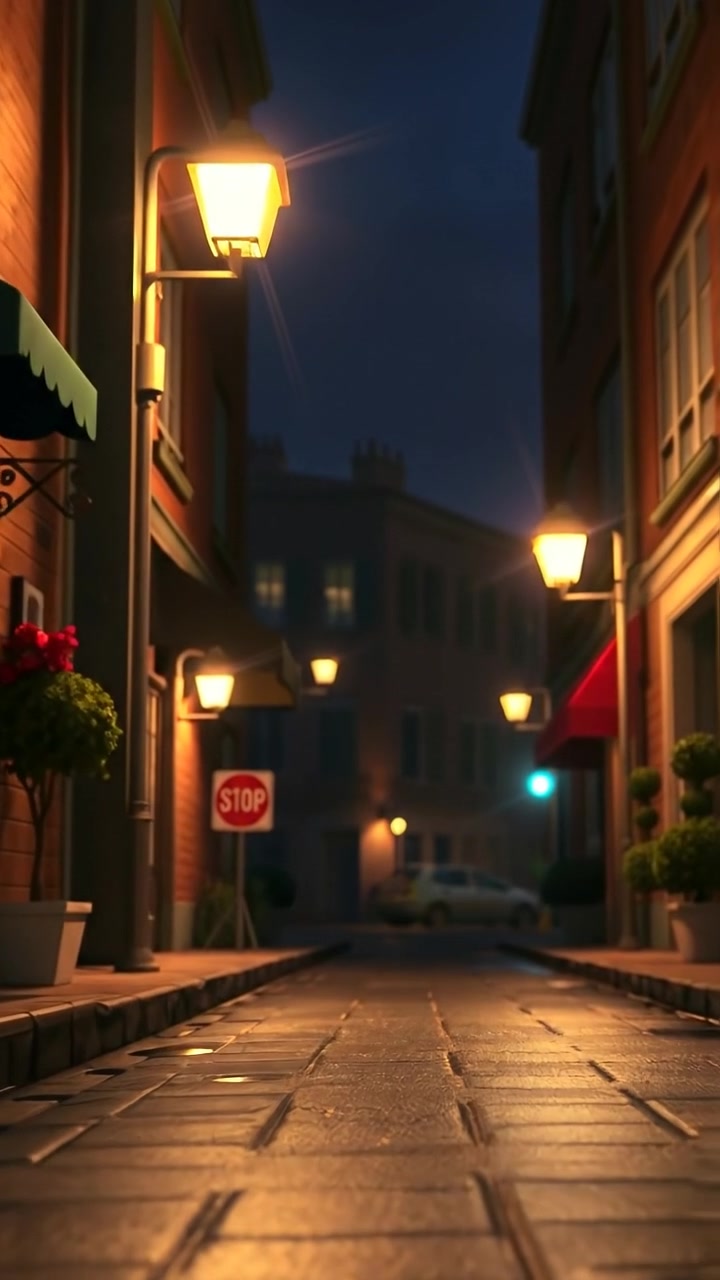 A dark street at night captured in a 3D animation style, with faint streetlights casting soft, eerie glow on the pavement, creating a mysterious atmosphere. High detail, smooth camera movement, smooth lighting effects, and a cinematic sense of depth. The audio features distant city sounds in the background.